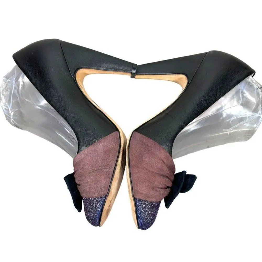 Plenty Tracy Reese Blk Leather Bow Glitter Toe High Heel Pump Womens Size 9/39.5 - Picture 3 of 12